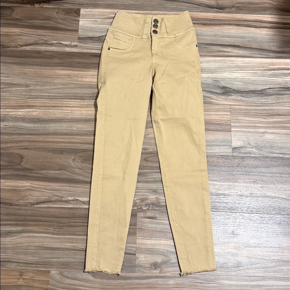 KanCan Estillo Tan Skinny Chino Pants Women Sz 3/25 Stretch Midrise Raw Hem